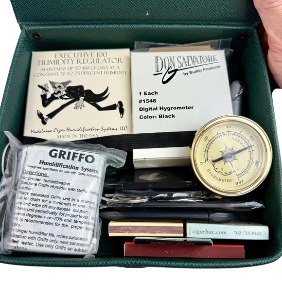 Thompson Co. Embossed Green Travel Cigar Humidor Gift Set w/ Hygrometers & More - Picture 4 of 14